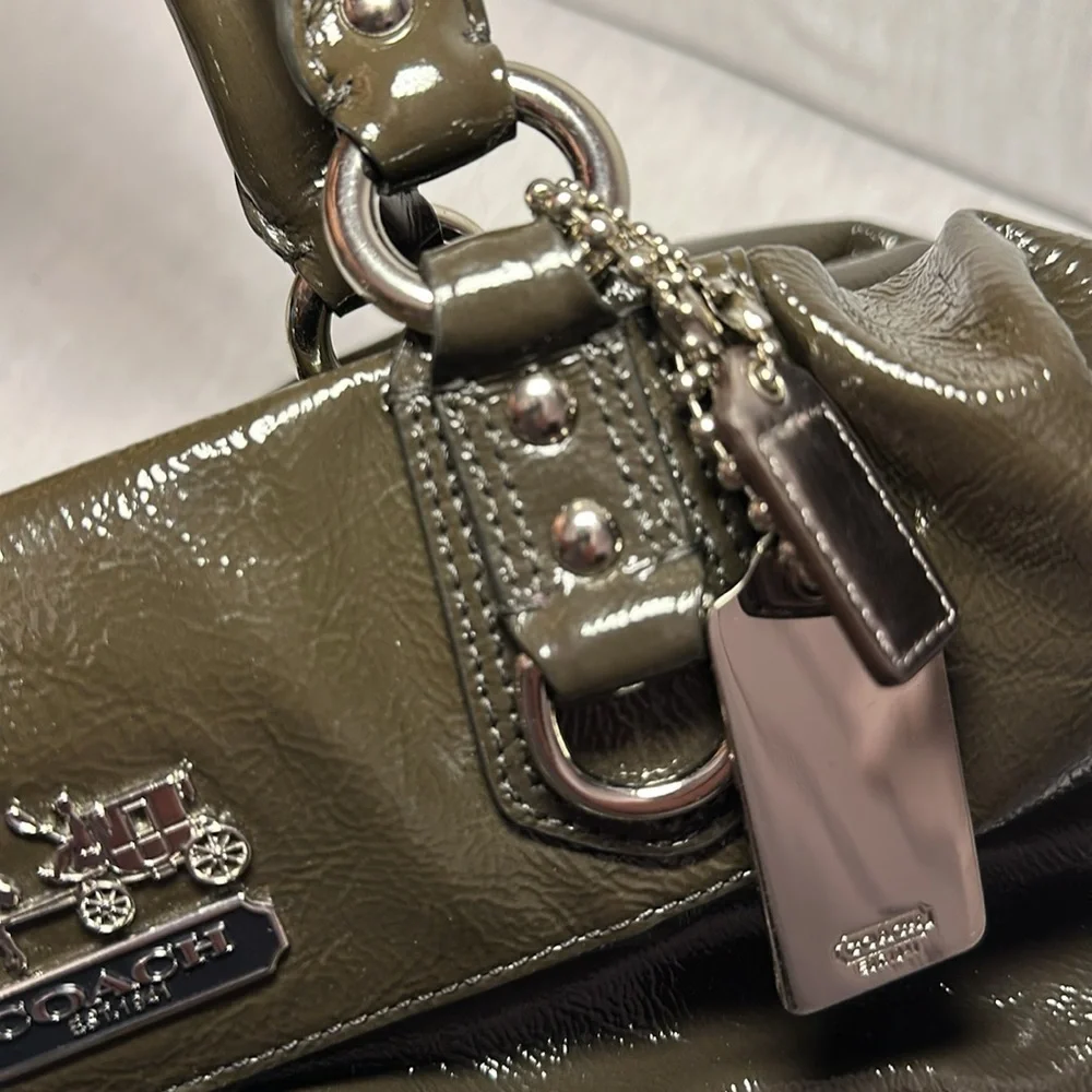 Coach Madison Sabrina Satchel Olive Green/Gray Authentic Patent Leather Purse